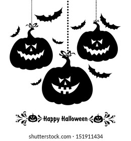 Halloween card with bats and pumpkin  isolated on white background. vector illustration 