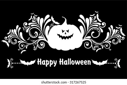 Halloween card with bats and pumpkin isolated on black background. vector illustration 