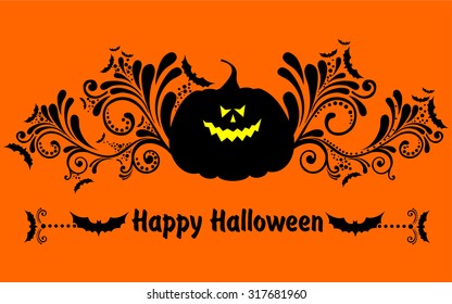 Halloween card with bats and pumpkin isolated on orange background. vector illustration 