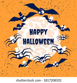 Halloween card with bats and spiders  around the moon.