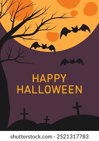 Halloween card with a big moon and a graves with a cross. Postcard, invitation to a holiday.