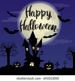 Halloween card with big moon, old house and trees on the dark background