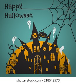 Halloween card with black castle. Vector illustration