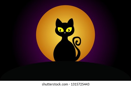 halloween card, black cat with big eyes against a full moon during halloween's night 