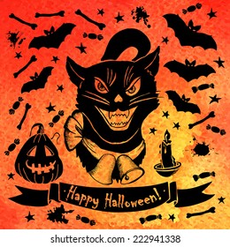 Halloween card with black cat.  Bright watercolor background. Vector illustration. Illustration for greeting cards, invitations, and other printing projects.