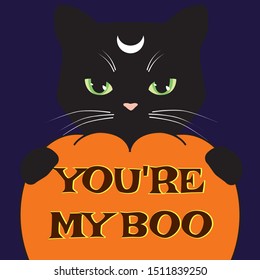 Halloween card with black cat and carved pumpkin. Vector illustration