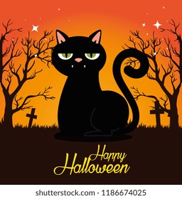 halloween card with black cat in cemetery