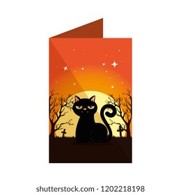 halloween card with black cat in cemetery scene