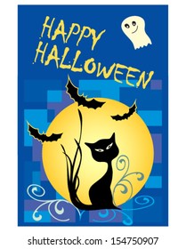 Halloween card with black cat, ghost and bats. Vector illustration.
