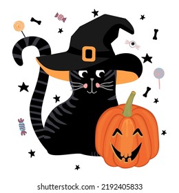 Halloween card with black cat  and orange pumpkin with cut out faces.Animal character in a hat with a buckle.White background  with candies, stars and bones.Hand drawn vector illustration.