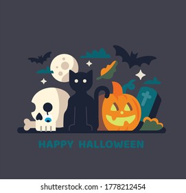 Halloween card with black cat and pumpkin