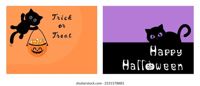 Halloween card with black cat, pumpkin bucket, candy corn and hand written fonts on orange and purple backgrounds vector.