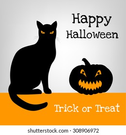 Halloween card with black cat and pumpkin