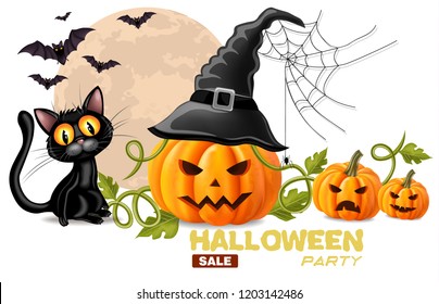 Halloween card with black cat and pumpkins faces Vector realistic