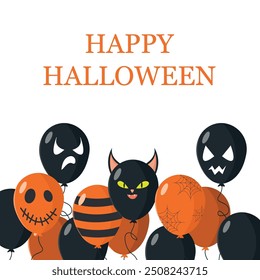 Halloween card with black cat, scary faces and other printable designs. Greeting card.