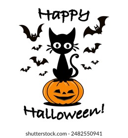 Halloween card with black cat sitting on carved pumpkin and bats, colorful vector illustration isolated on white background.