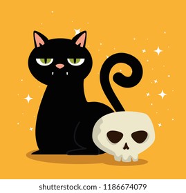 halloween card with black cat and skull
