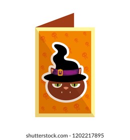 halloween card with black cat and witch hat