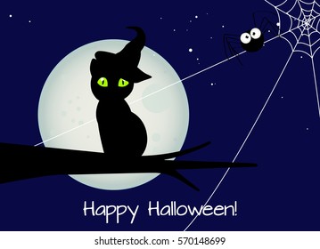 halloween card, black cat with witch hat with a big black spider against full moon during halloween's night