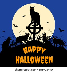 Halloween card with black cats and bats in cemetery in night