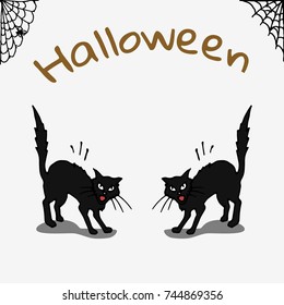 Halloween card with black cats and spider web. Flat vector illustration