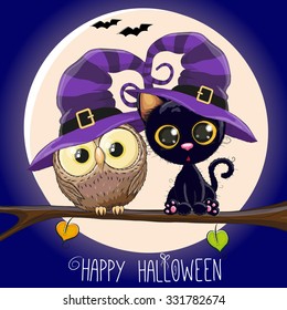 Halloween card Black Kitten and Owl on a branch