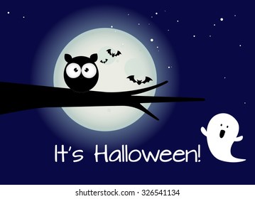 halloween card, black owl with big eyes, ghost and bats against full moon during halloween's night