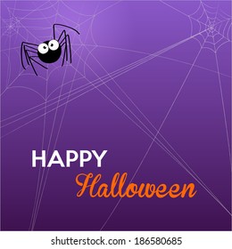 halloween card, a black spider with wide eyes over a large and dense network on purple background