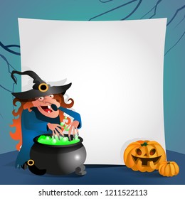 Halloween card with blank paper sheet and witch preparing potion. Invitation, greeting card or advertising design. For leaflets, brochures, invitations, posters or banners.