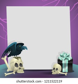 Halloween card with blank paper sheet, skulls, crow and gift box. Invitation, greeting card or advertising design. For leaflets, brochures, invitations, posters or banners.