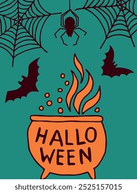 Halloween card with boiling pot. Decorative holiday flyer