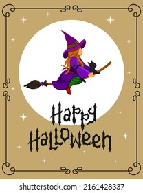 Halloween card or book cover with a little witch on a broom on a moonlit background. Magical, vintage style postcard with a witch and a cat for Halloween. Vector illustration