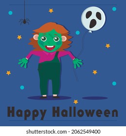 Halloween card! A boy in a zombie costume! Next to him lies a balloon in the form of a ghost. The inscription "Happy Halloween"! 