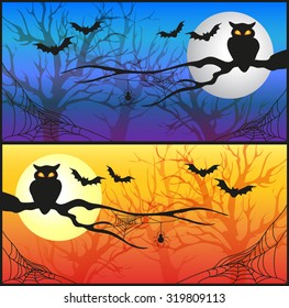 Halloween card with a branch on a sky background, bats, spider webs and a silhouette of an owl