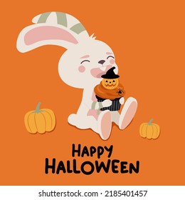 Halloween card with bunny, cupcake and pumpkins. Vector illustration.