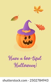 Halloween card in cartoon style. Pumpkin and greeting.