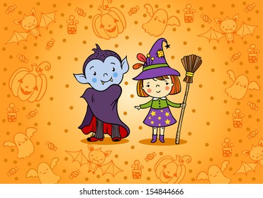 Halloween card with cartoon vampire and witch