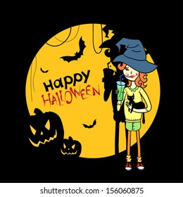 Halloween card with cartoon witch. Happy Halloween