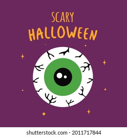 halloween card with cartoon zombie eye isolated on white, scary element for invitation or greeting card design, vector illustration