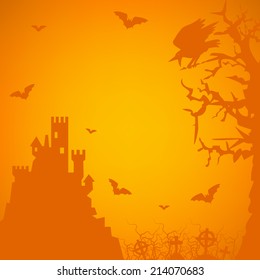 Halloween card with castle, cemetery and raven