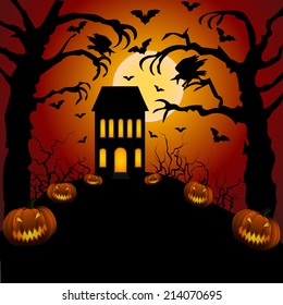 Halloween card with castle, cemetery and raven
