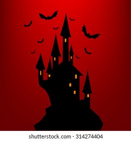 Halloween card with castle and vampire bats on a red background