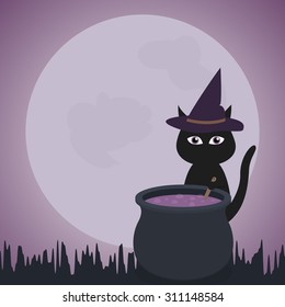 Halloween card with cat cooking potion