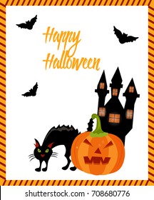 Halloween card with cat, ghost house, bats and pumpkin