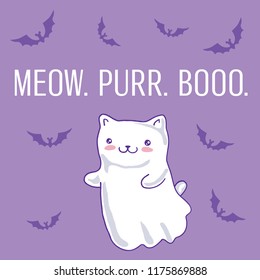 Halloween card with cat as kawaii ghost on purple. Vector illustration.