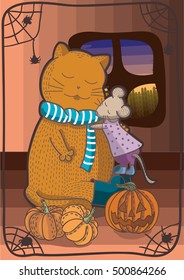Halloween card. Cat and mouse sit and hug. outside the cold weather. Frame Web with spiders.