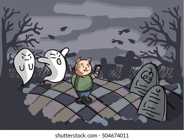 Halloween card. Cat on cemetery photographed themselves. Unhappy ghosts are going to scare the cat