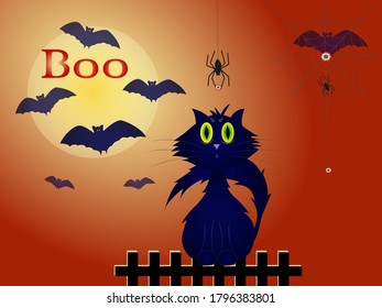 Halloween card with cat, spiders and bats. Halloween card, great design for any purposes. Light background. Happy halloween vector lettering. Background, wallpaper. Vector design element. Boo