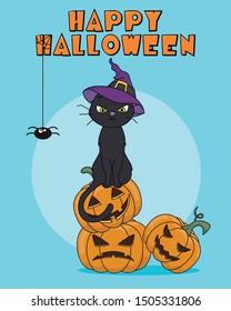 Halloween card. Cat with witch hat sitting on top of pumpkins