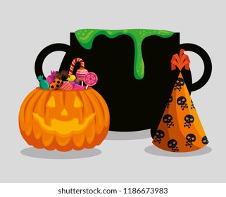 halloween card with cauldron and pumkin